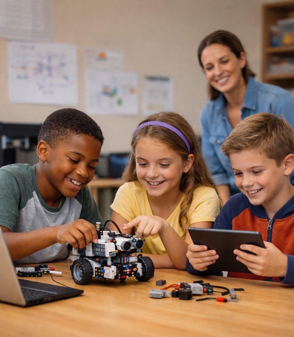 Students learning robotics with hands-on electronic kits